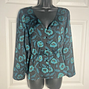 J Crew Shirt Women 6 Black Green Poppies Button Up Bloomcore‎ Blouse Grunge Top